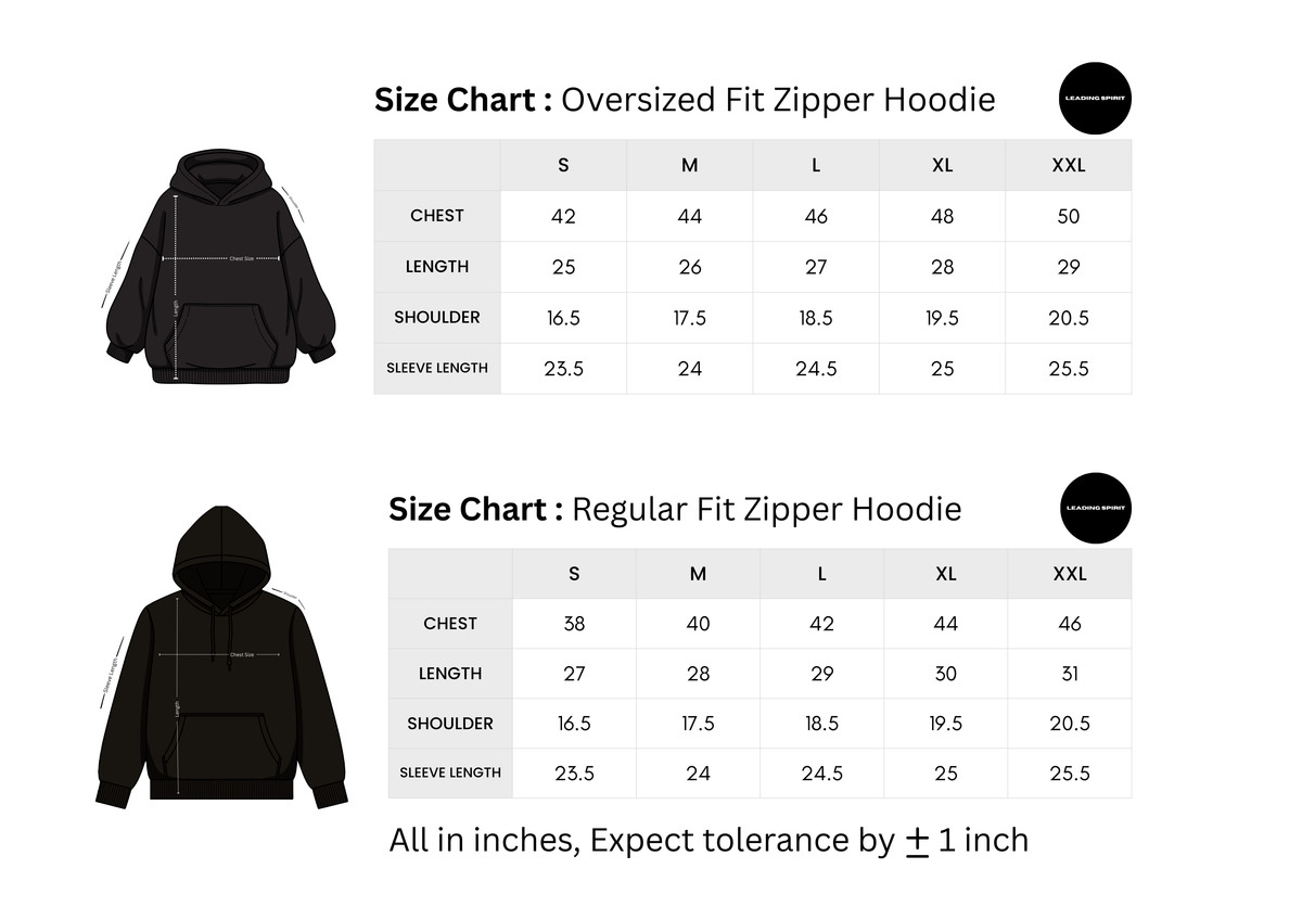 Zipper Hoodie size chart